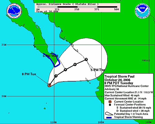 tropical storm paul 2006 - location tracking forecast chart