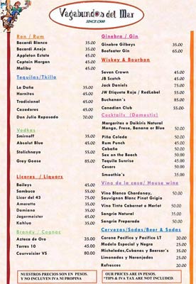 Drinks Menu - Vagabundos del Mar Restaurant - Cabo San Lucas, Los Cabos